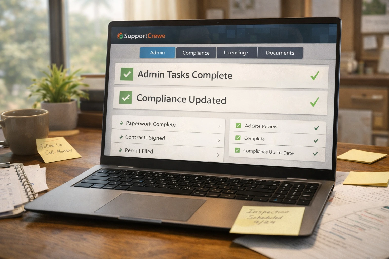 SupportCrewe dashboard showing organized job admin and compliance tracking.