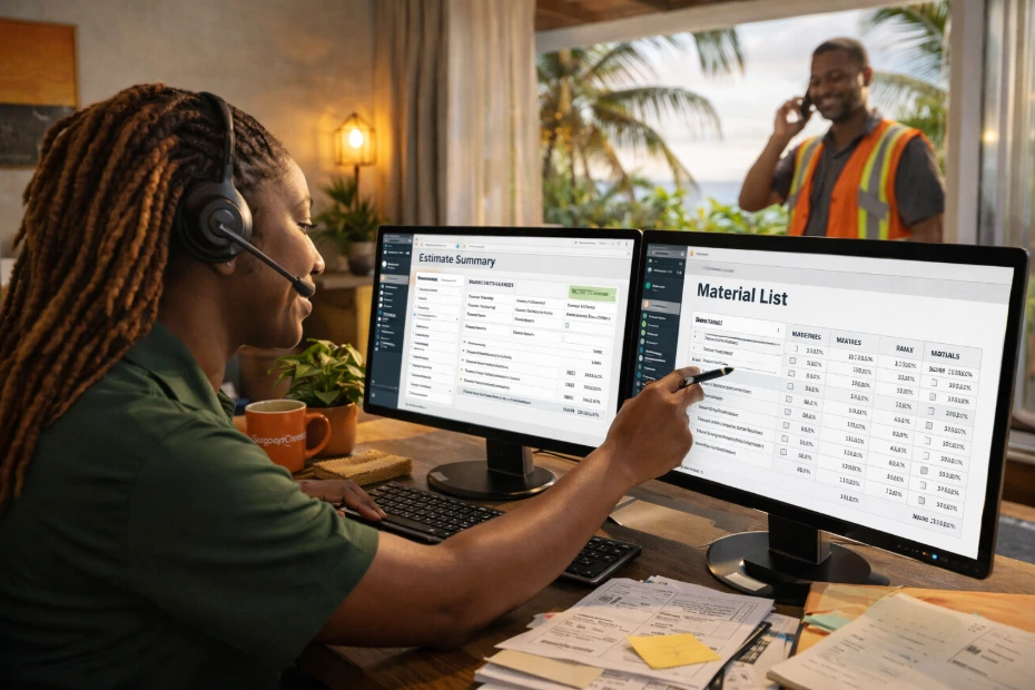 SupportCrewe team finalizes project estimate while contractor reviews by phone