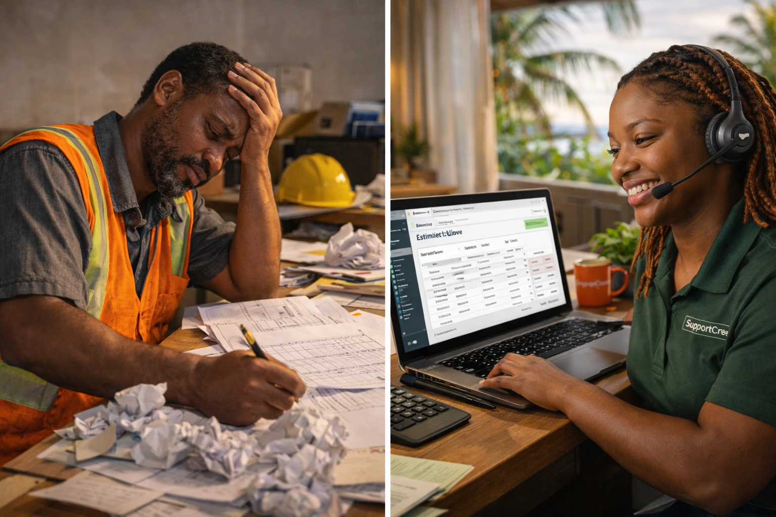 Split view showing messy contractor desk and organized SupportCrewe digital workspace