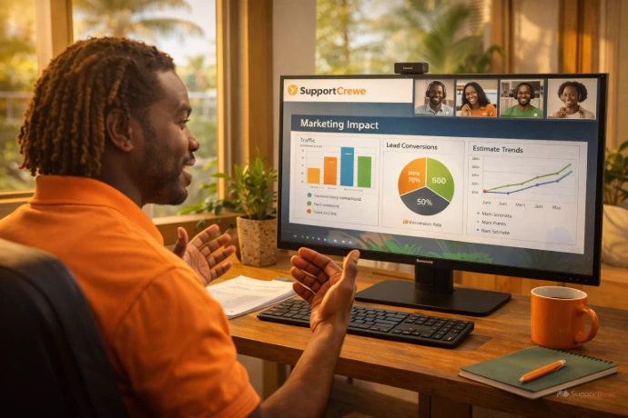 SupportCrewe owner reviews marketing performance and estimation trends with remote team