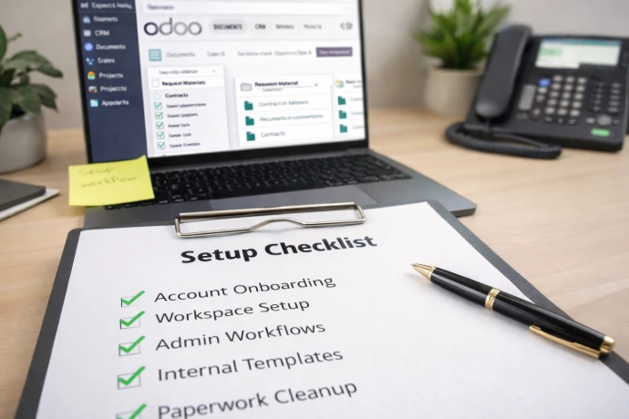 SupportCrewe admin support setup checklist with Odoo dashboard and phone system for contractor onboarding