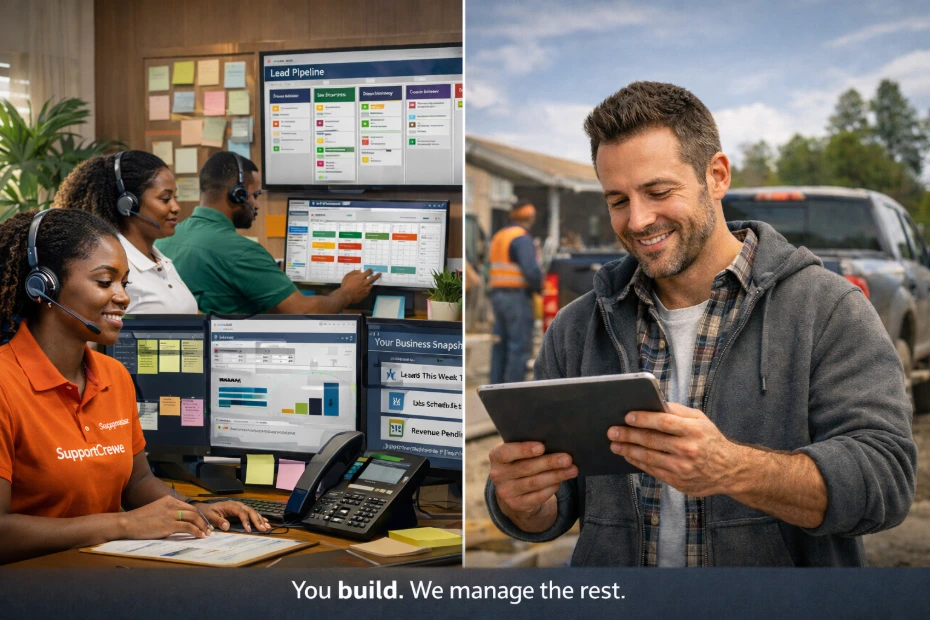 Contractor reviewing organized SupportCrewe dashboard for CRM and admin support