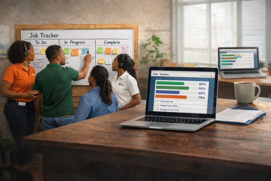 Remote SupportCrewe team updating project tracker for active jobsite
