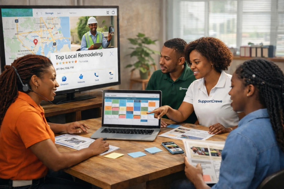 SupportCrewe marketing team planning social and SEO strategy for contractor business