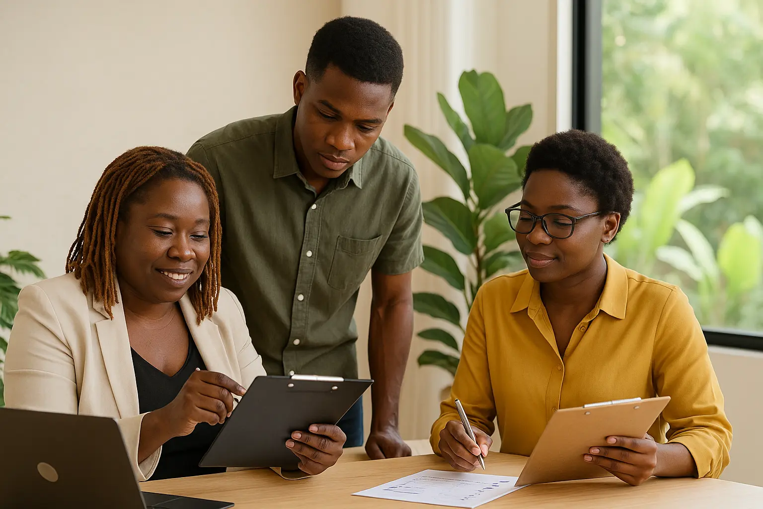Team Collaborating on Back Office Services for Contractors SupportCrewe Three professionals review checklists and documents together at a desk in a bright, plant-filled office—representing contractor back office services like estimating, CRM support, and project coordination.