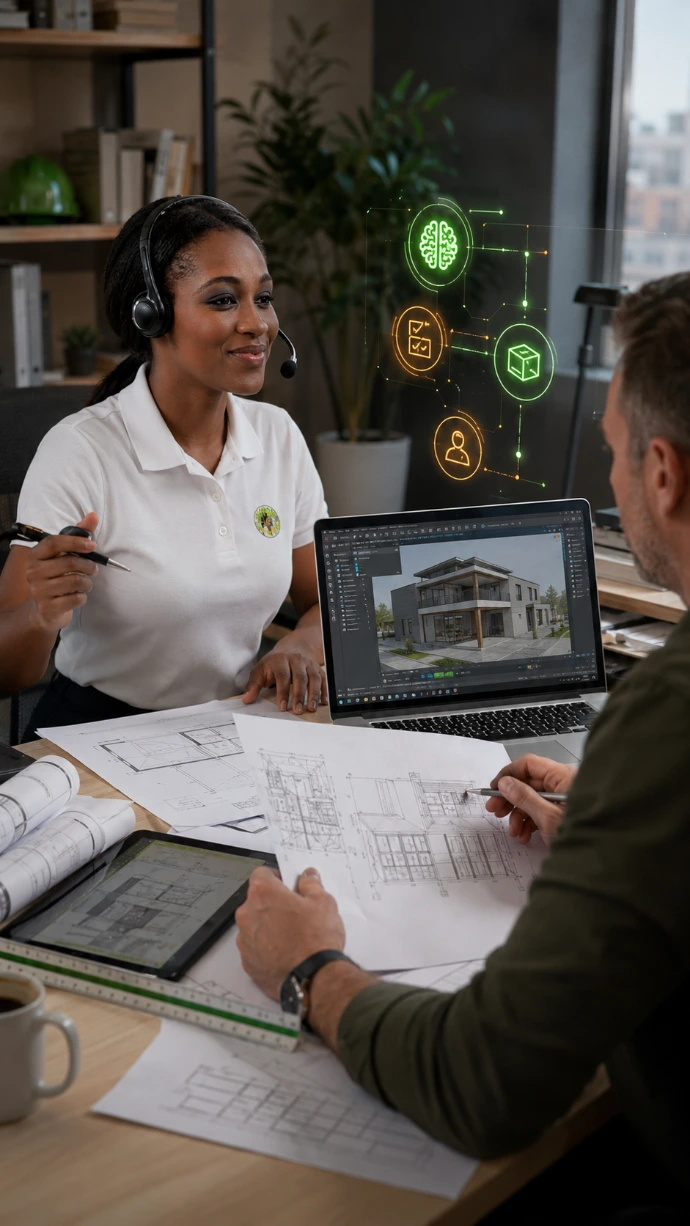 Contractor reviewing architectural drawings with a SupportCrewe team member while a laptop displays a 3D building model and AI-assisted workflow icons.