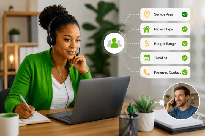 SupportCrewe specialist qualifying a customer lead by service area, project type, budget, timeline, and preferred contact.