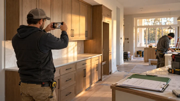 Contractor completing a daily field report ontractor documents completed cabinetry with a smartphone before leaving the jobsite.