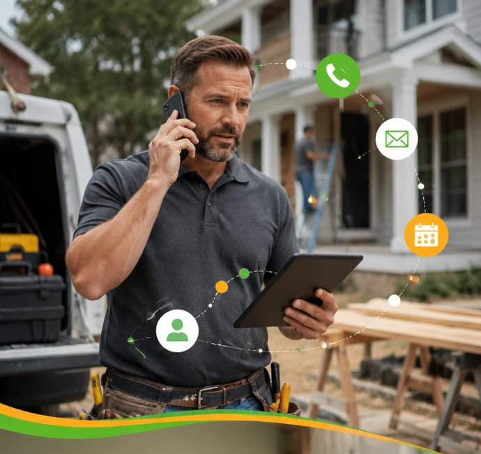 Contractor receiving live lead management support while calls, messages, appointments, and CRM tasks are organized.