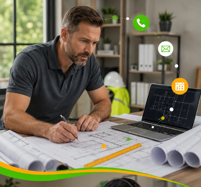 Contractor reviewing architectural plans and permit-ready drawings with a design support specialist.