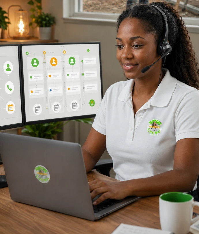 SupportCrewe specialist managing contractor CRM dashboards, follow-ups, job stages, and pipeline updates.