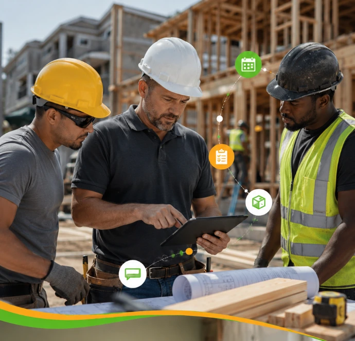 Contractors on a jobsite using digital project coordination tools with remote SupportCrewe support.