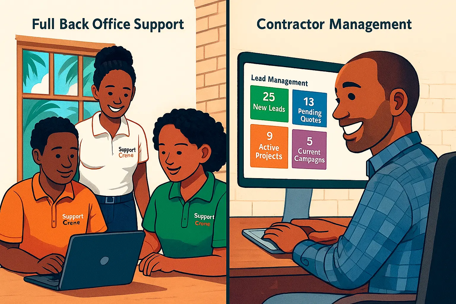 SupportCrewe dashboard tracking contractor admin and project workflow Contractor reviewing organized SupportCrewe dashboard for CRM and admin support