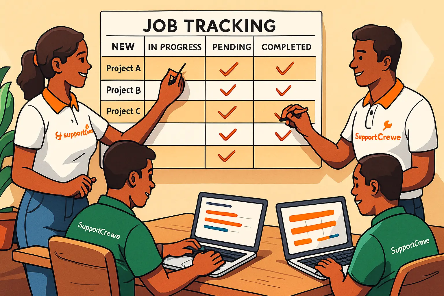 SupportCrewe tracking construction project progress for contractor Remote SupportCrewe team updating project tracker for active jobsite