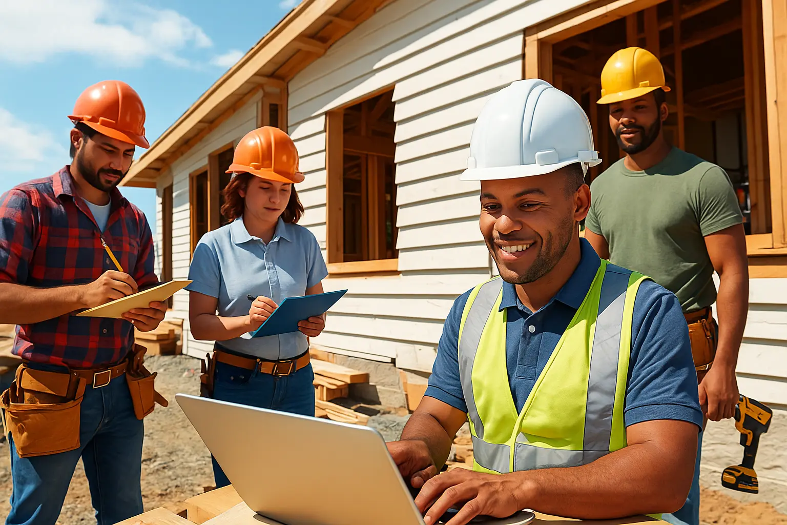 Diverse contractors collaborating on jobsite after SupportCrewe setup Diverse contractors collaborating on jobsite after SupportCrewe setup