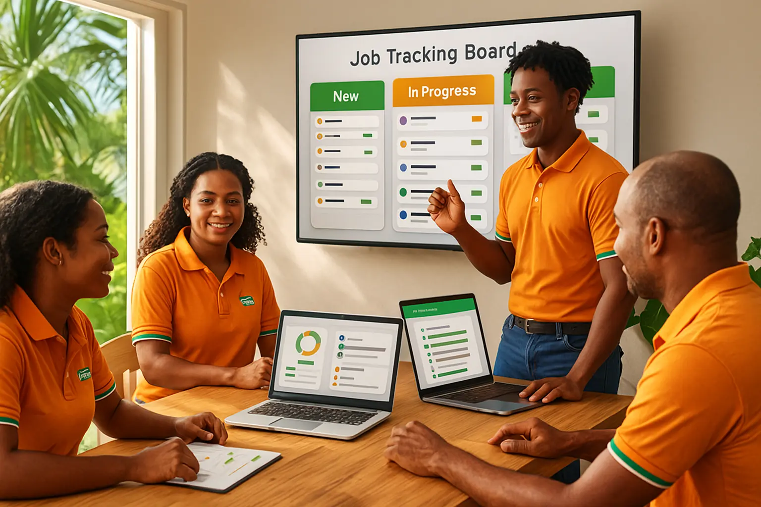 Remote team reviewing project timelines and progress bars for ongoing contractor jobs