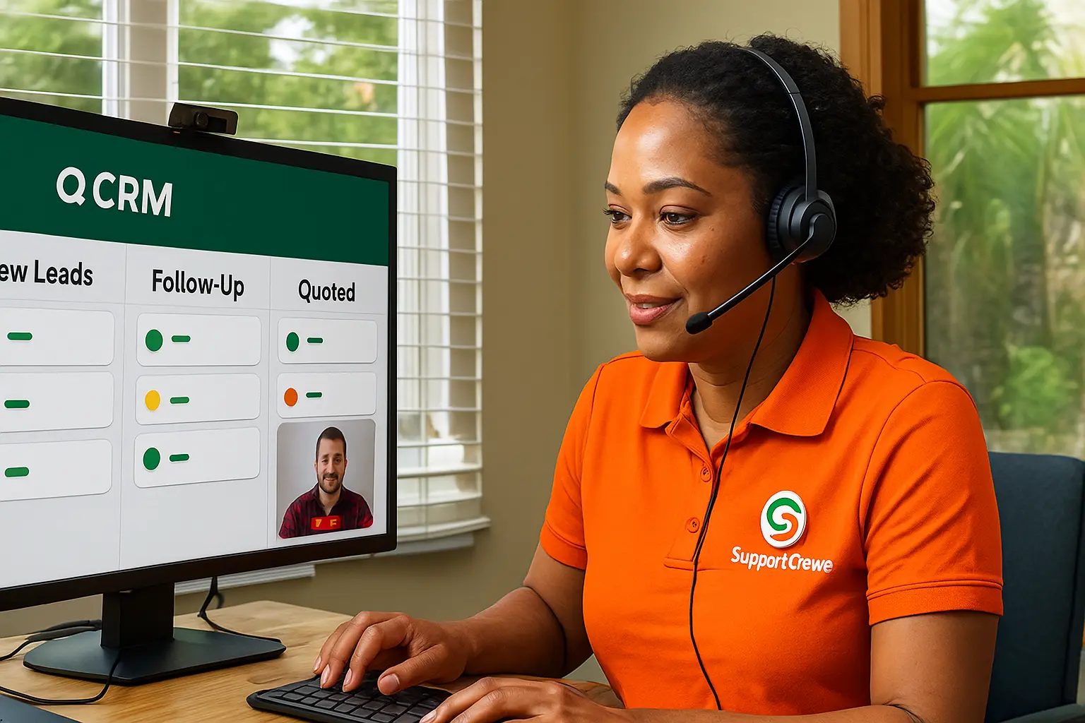 Afro-Caribbean support rep entering lead data and follow-ups into CRM dashboard