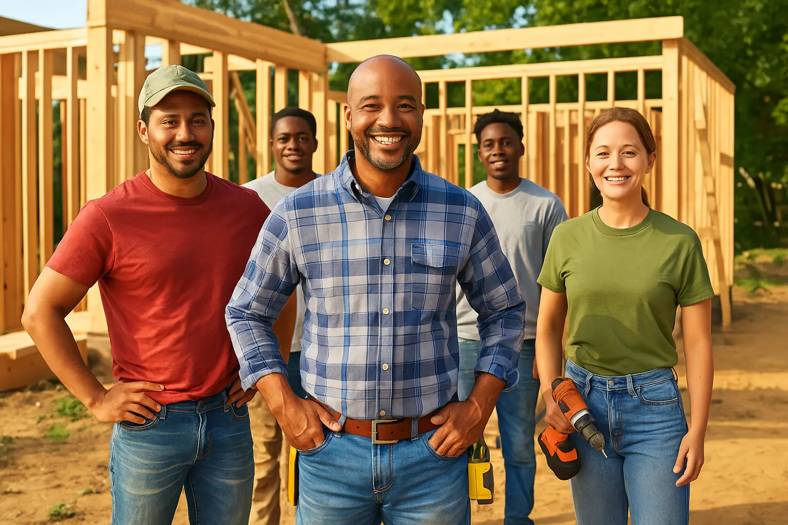 Multiracial construction team on jobsite reviewing project checklist