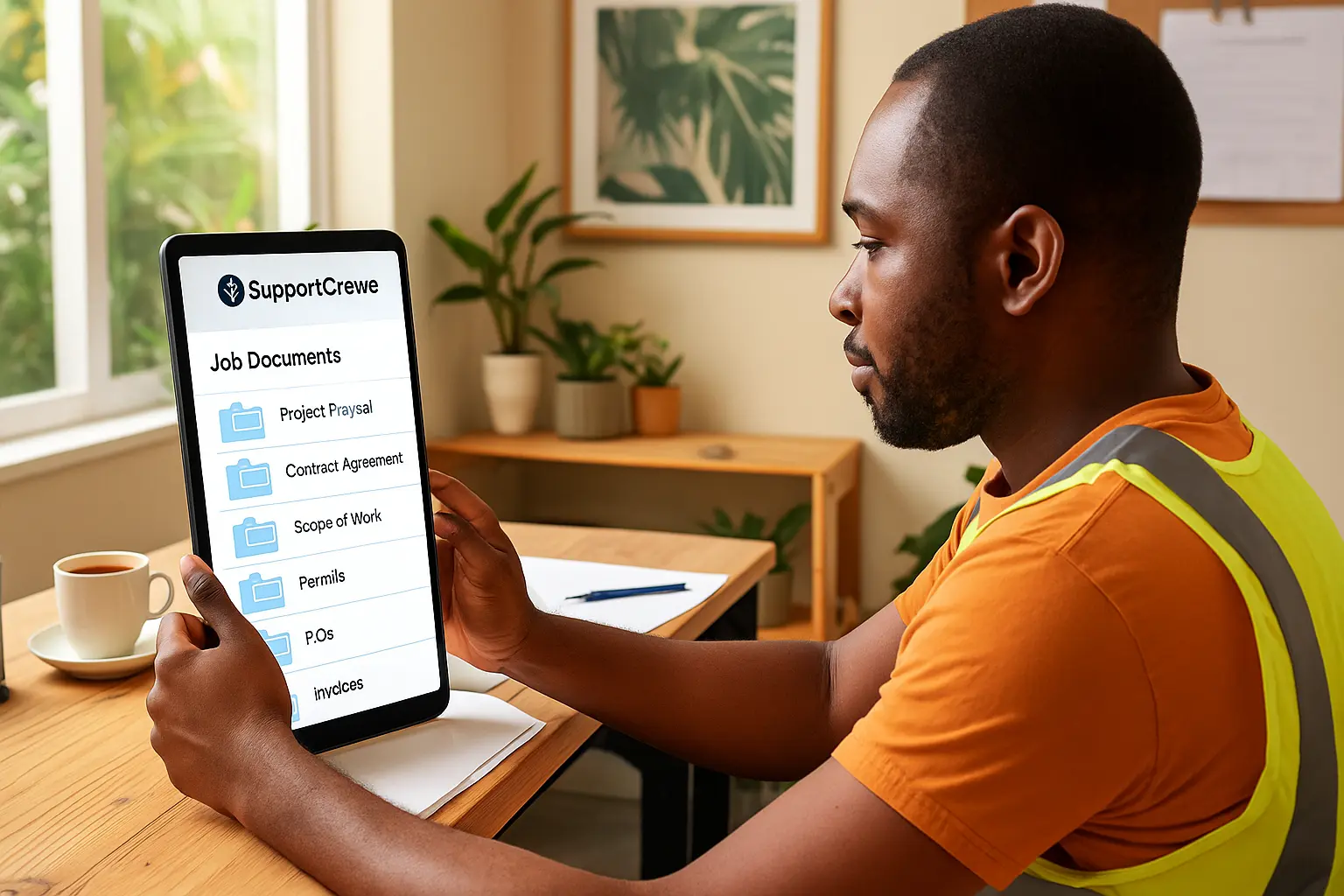 Contractor reviewing digital folder of estimates and contracts on tablet