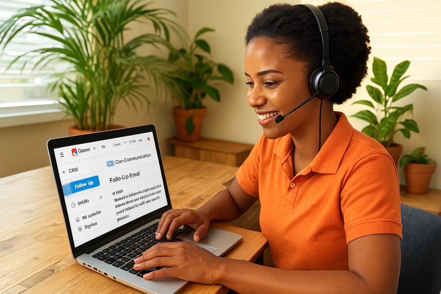Admin support specialist handling client follow-ups and appointment scheduling via laptop