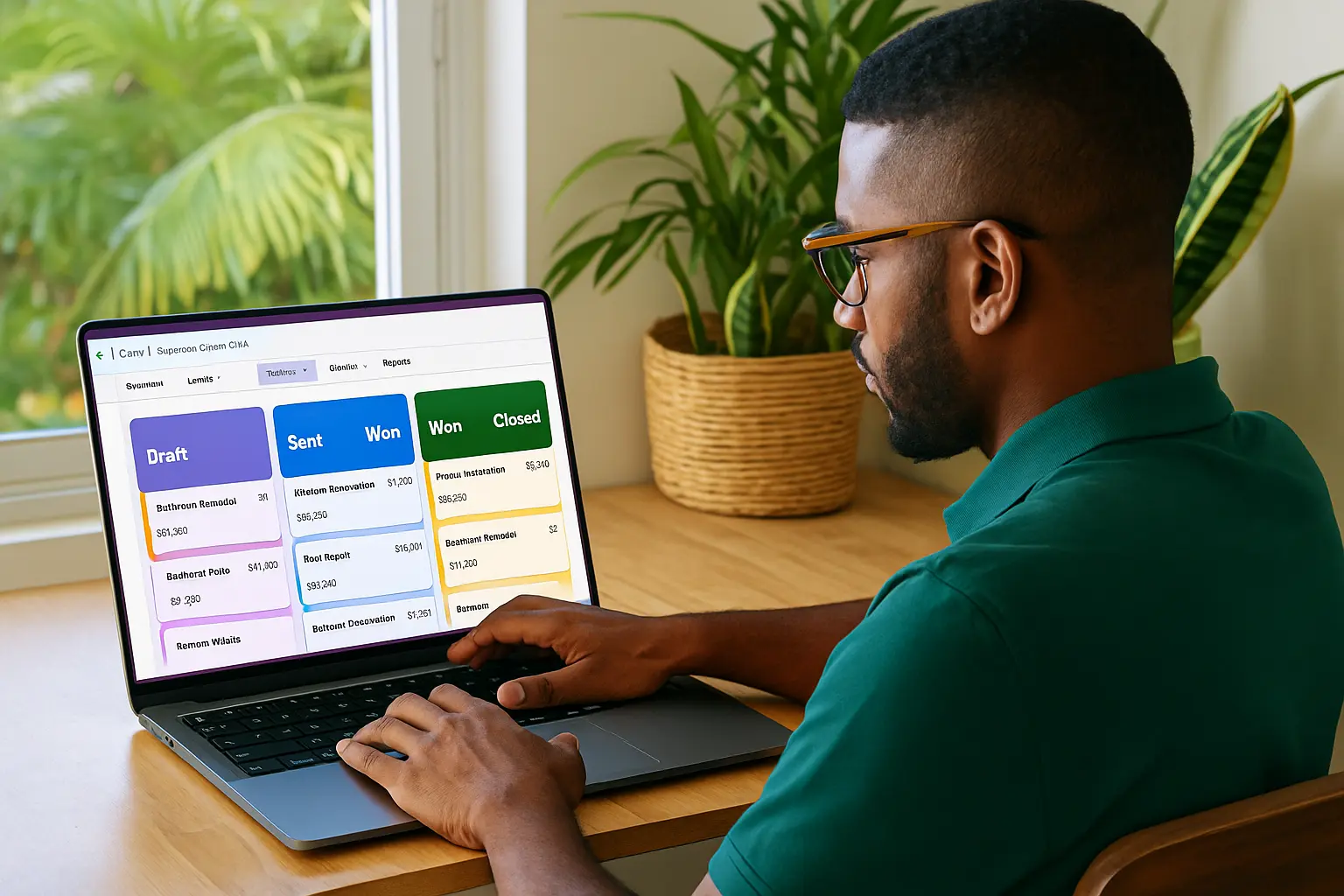 SupportCrewe dashboard showing contractor quote stages: Draft, Sent, Won, Closed