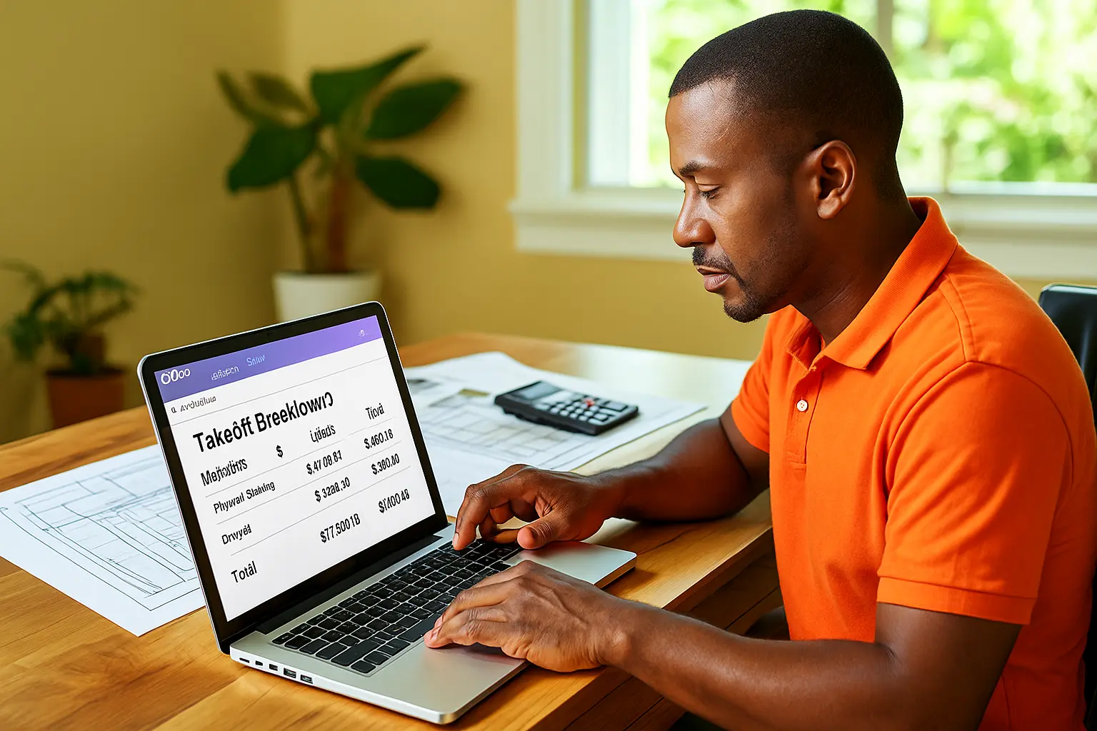 Afro-Caribbean estimator reviewing takeoff data and pricing sheets on laptop