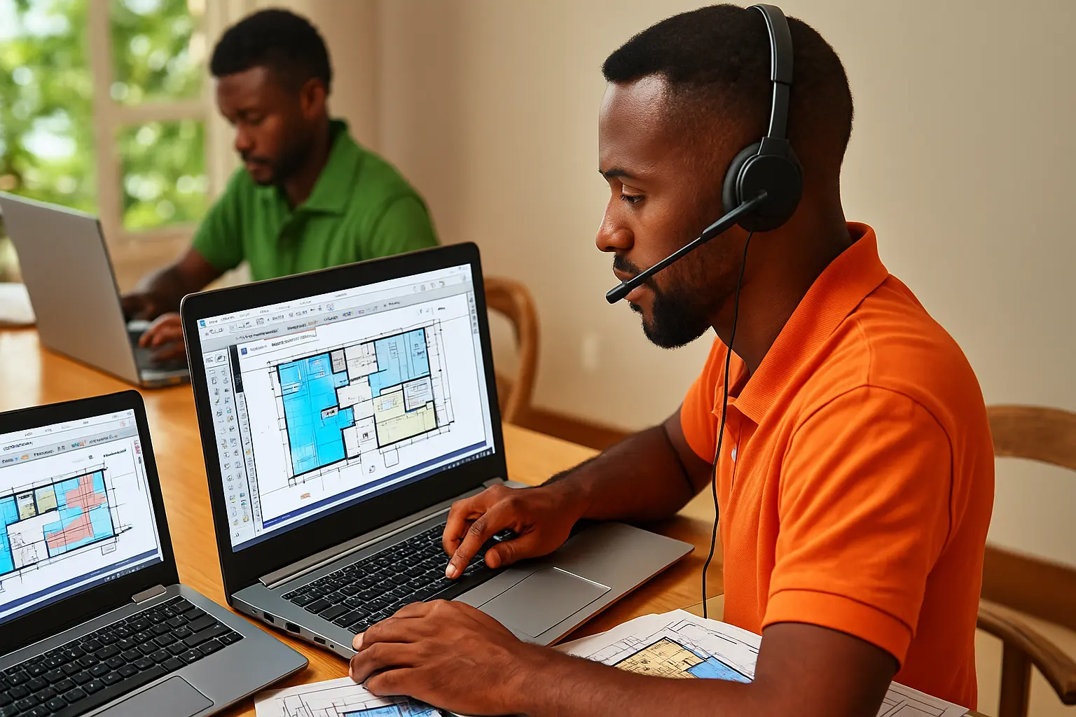 Afro-Caribbean estimator measuring building plans digitally on dual monitors