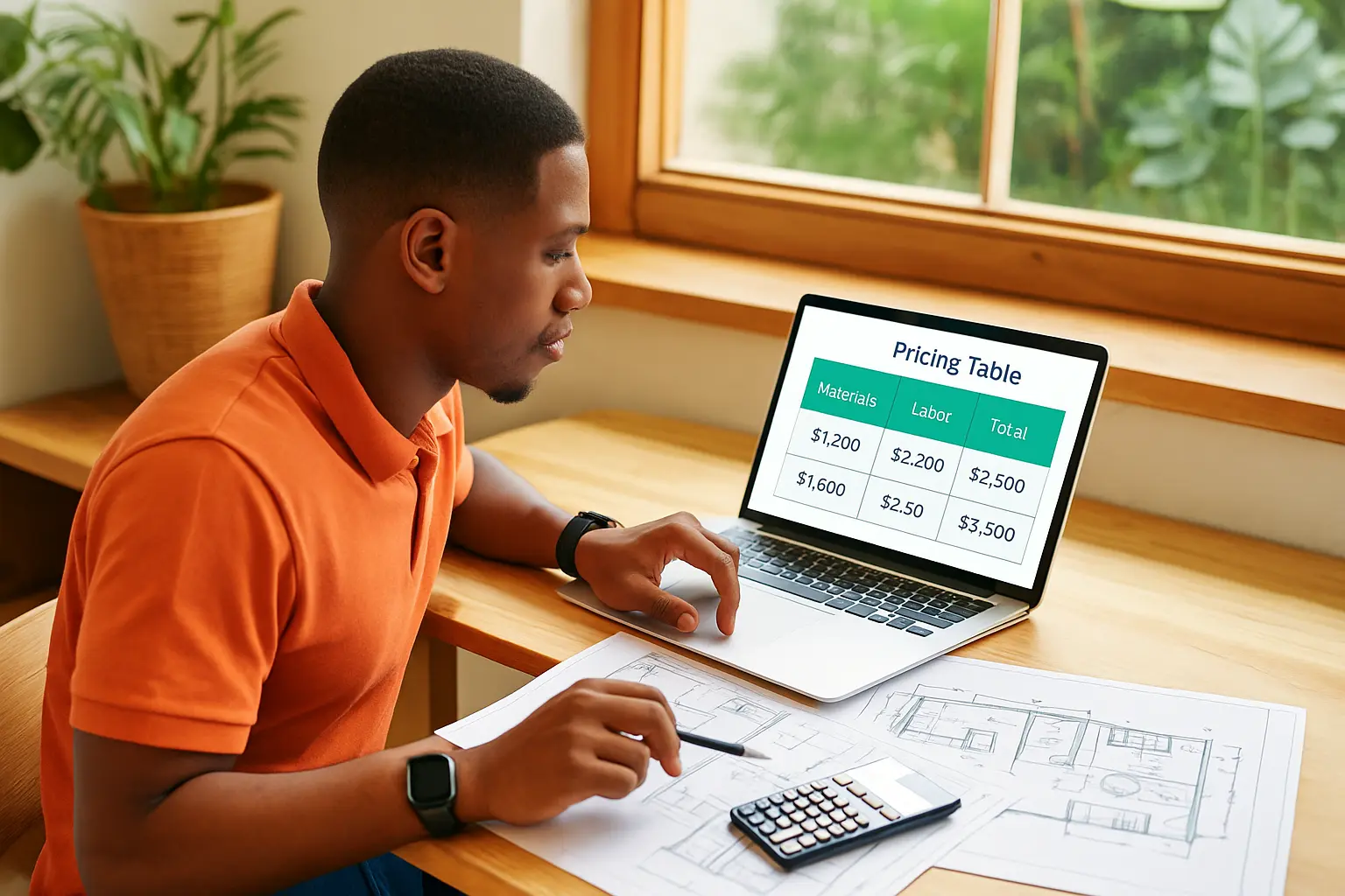 Contractor examining estimate with pricing table labeled Materials, Labor, Markup, Total
