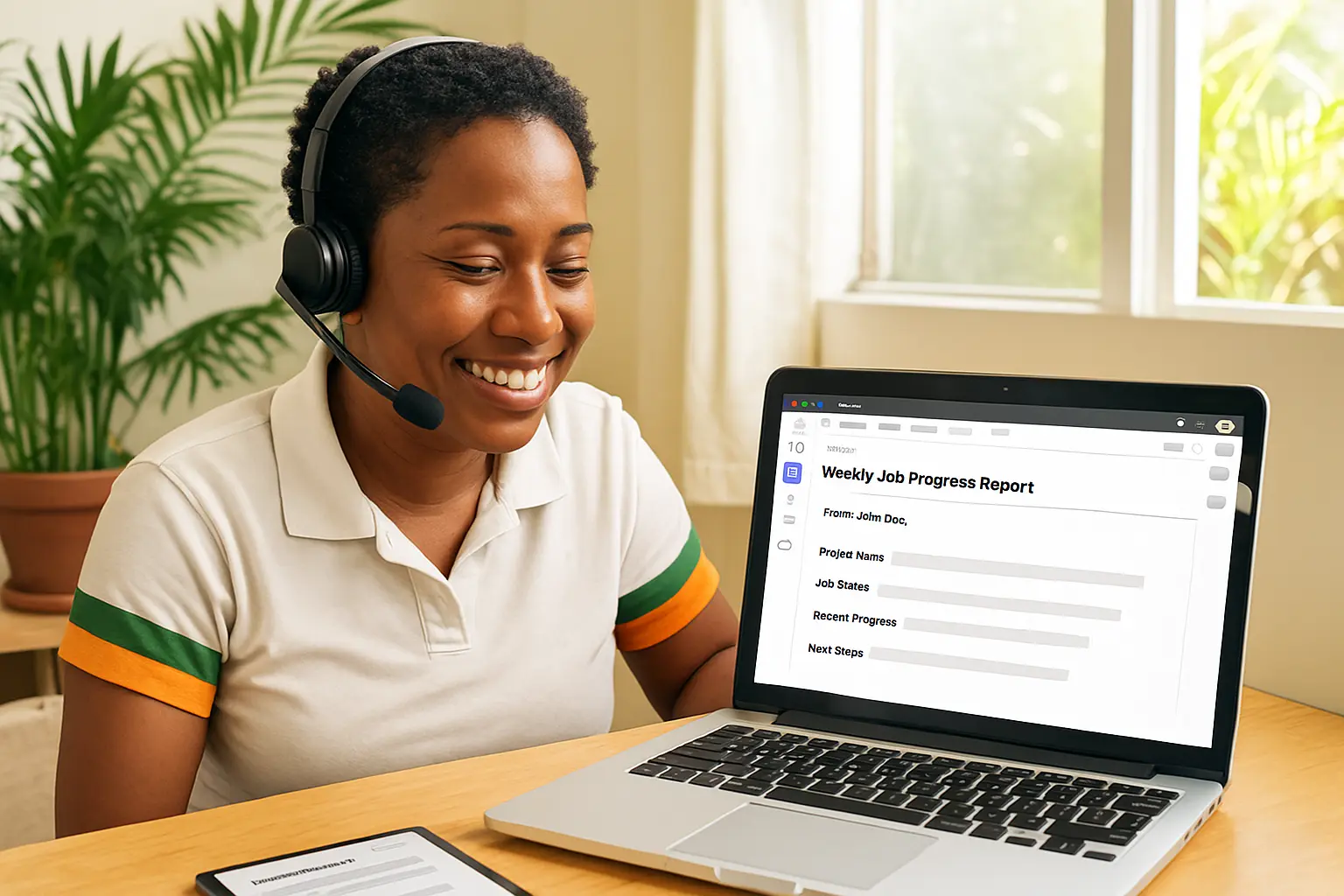 Afro-Caribbean project coordinator sending weekly job update email