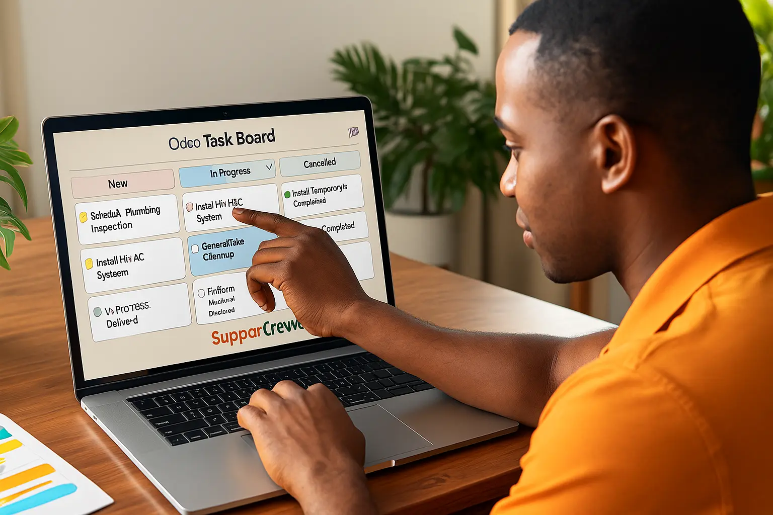 Afro-Caribbean team member reviewing job progress board labeled New, In Progress, Completed