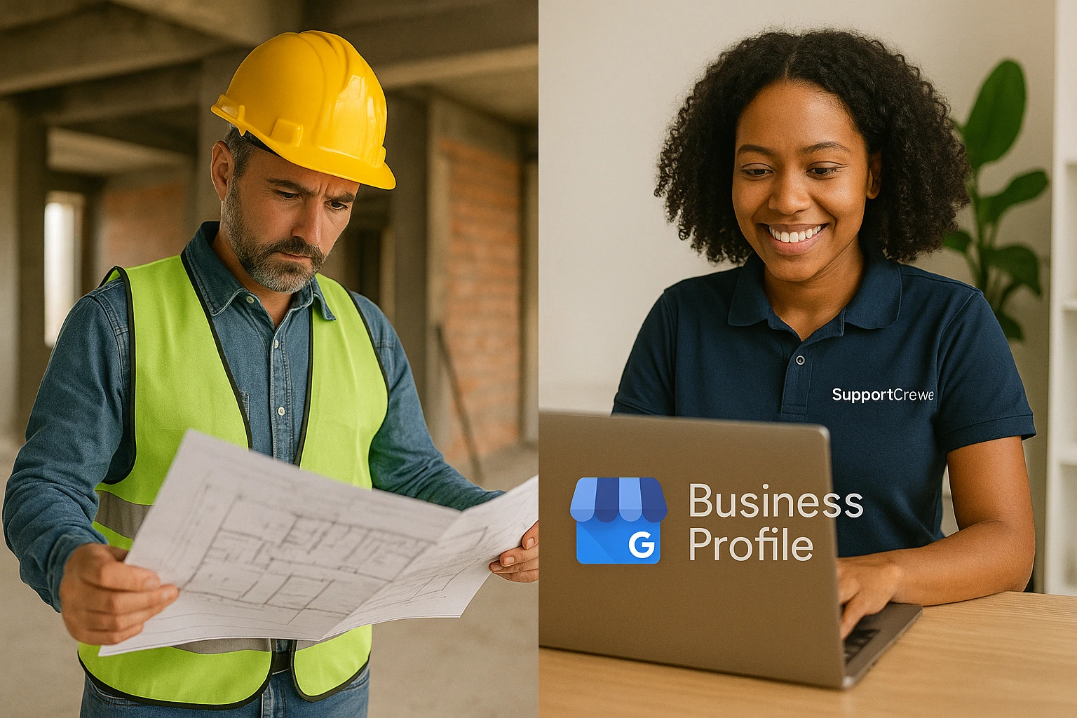 Contractor reviewing plans while SupportCrewe updates their GMB listing.