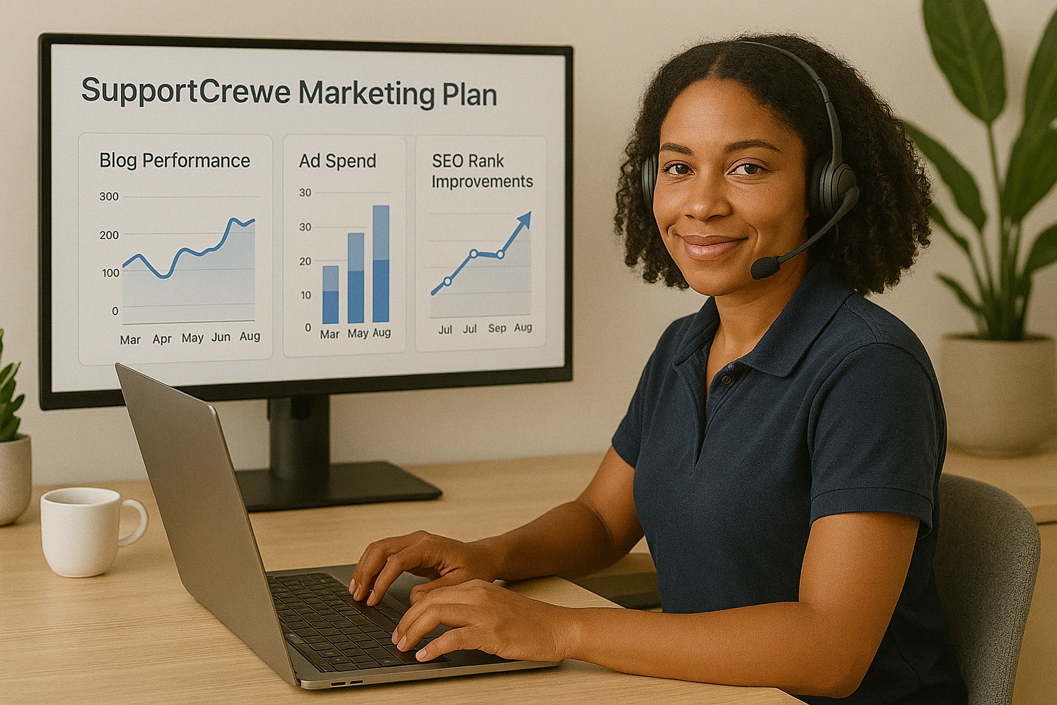 SupportCrewe specialist reviewing contractor marketing dashboard analytics.