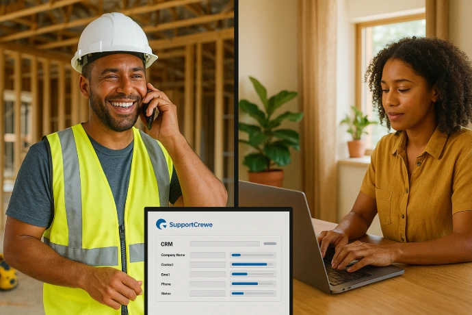 Contractor on job site while SupportCrewe updates CRM remotely.
