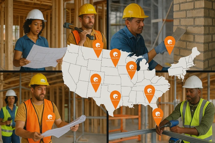 Map of SupportCrewe contractor marketing coverage across seven U.S. states.